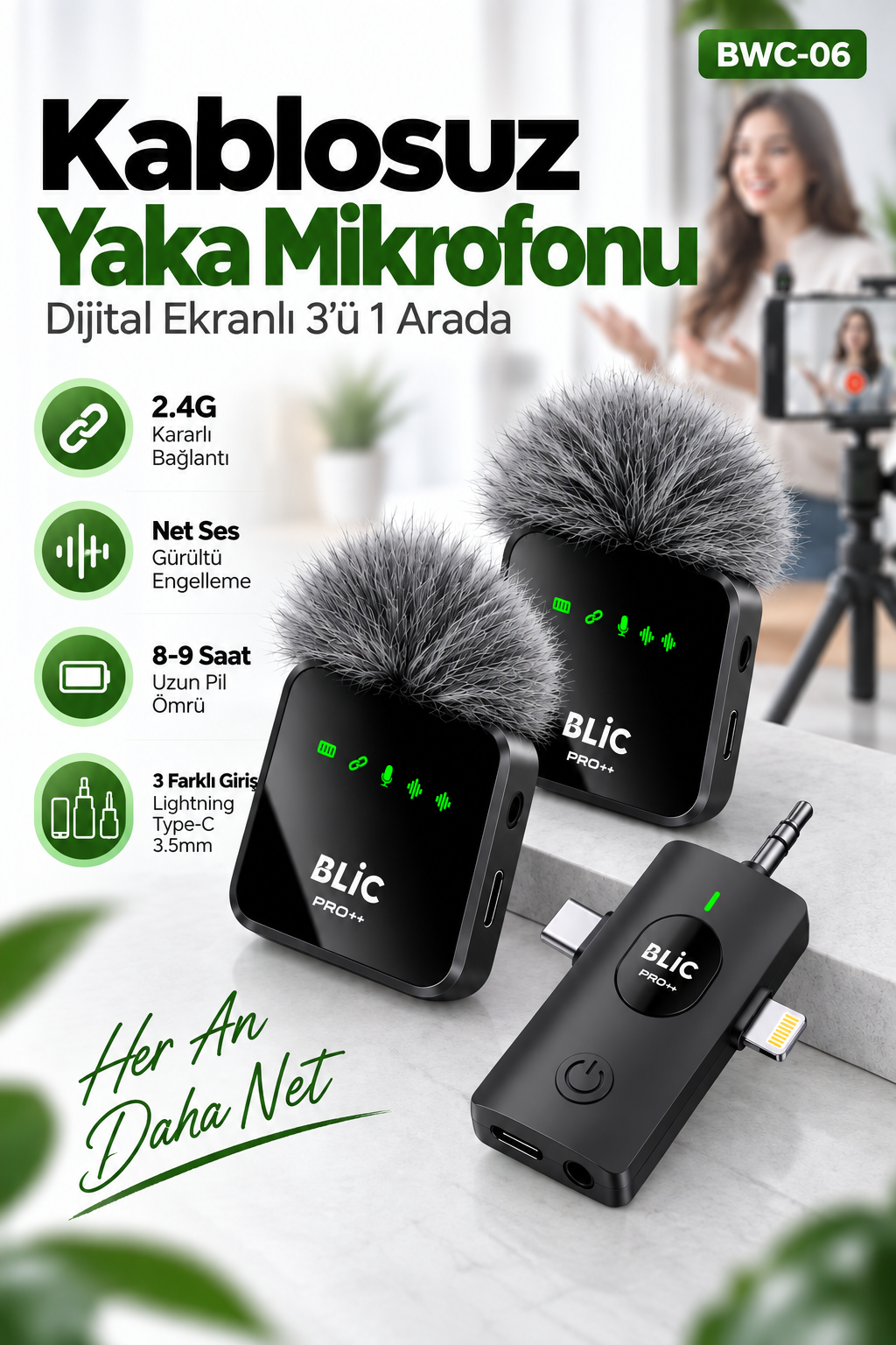 Blic Pro++ BWC-06 3'ü 1 Arada 2.4G Kablosuz Çift Yaka Mikrofonu – Dijital Ekranlı, Type-C / Lightning / 3.5 mm