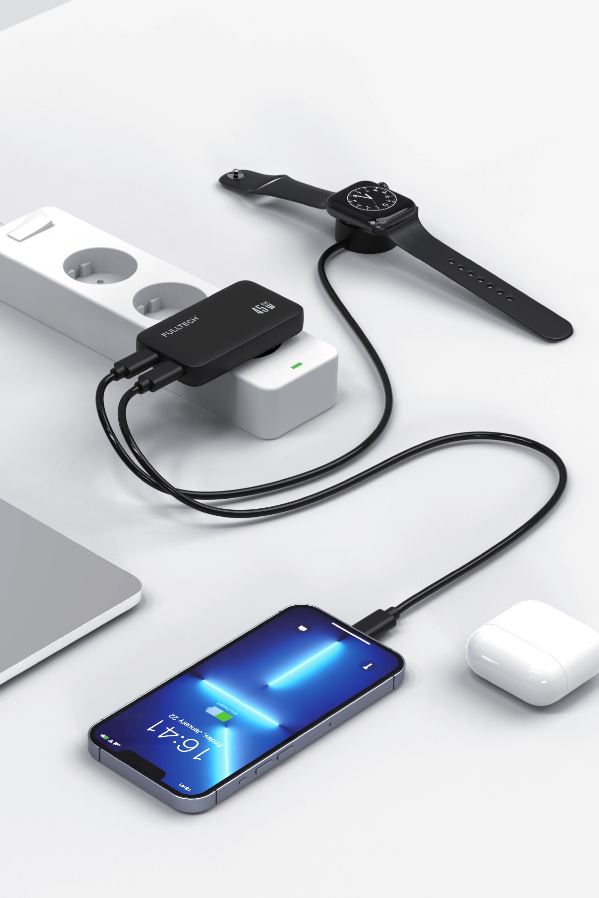 Fulltech Prime Slim FC69 45W GaN Hızlı Şarj Adaptörü – USB-C + USB-A Çift Port Şarj Cihazı