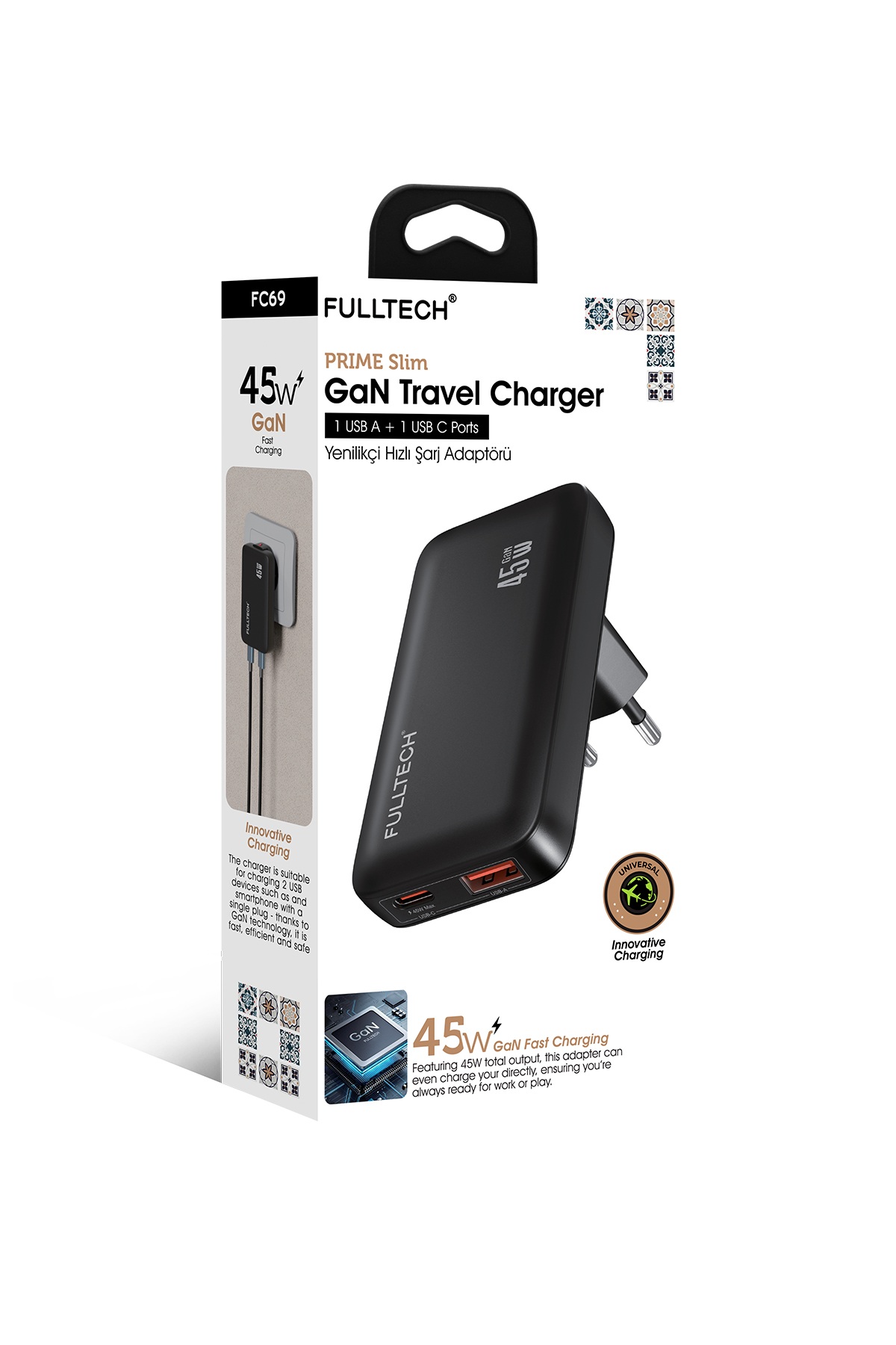 Fulltech Prime Slim FC69 45W GaN Hızlı Şarj Adaptörü – USB-C + USB-A Çift Port Şarj Cihazı