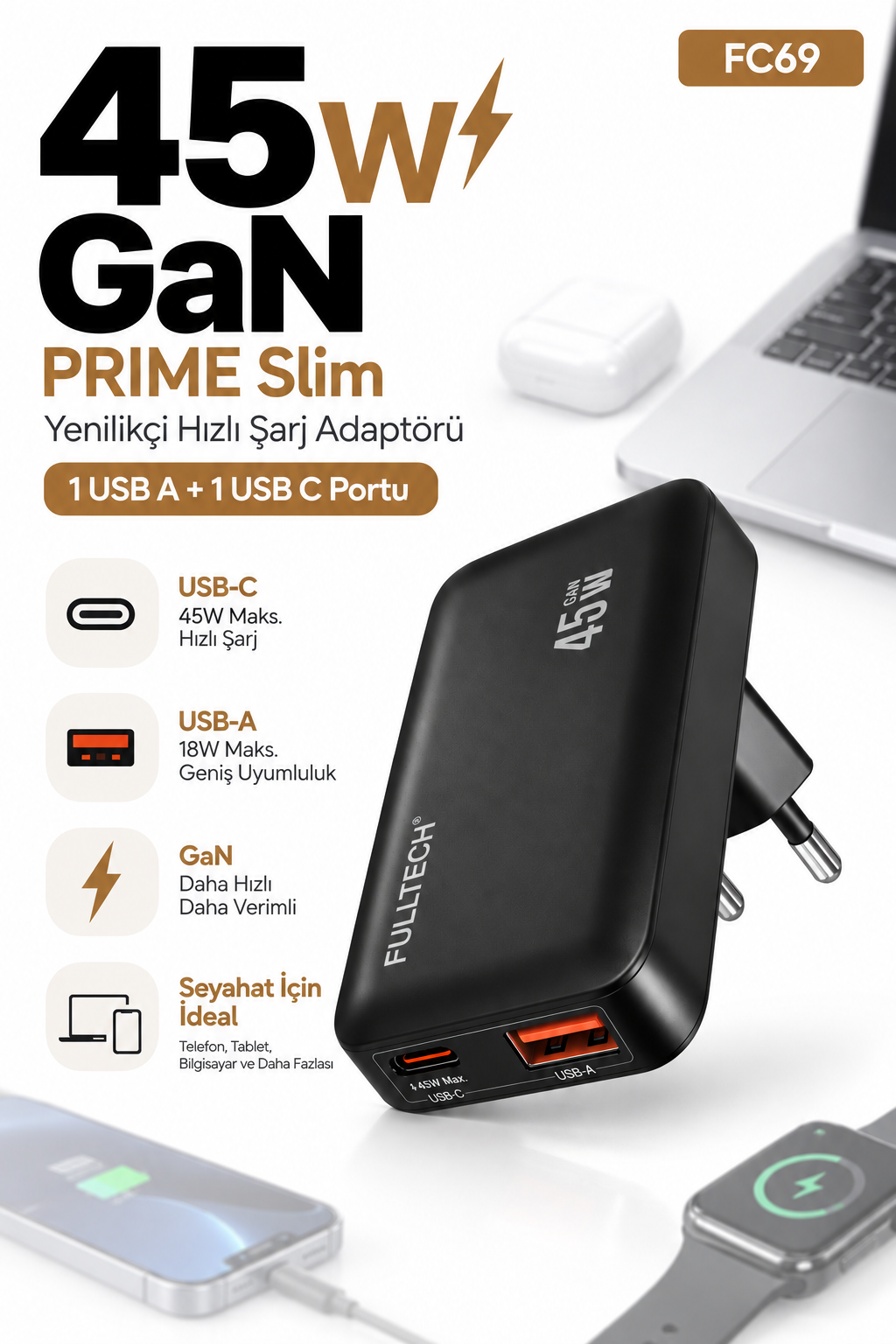 Fulltech Prime Slim FC69 45W GaN Hızlı Şarj Adaptörü – USB-C + USB-A Çift Port Şarj Cihazı