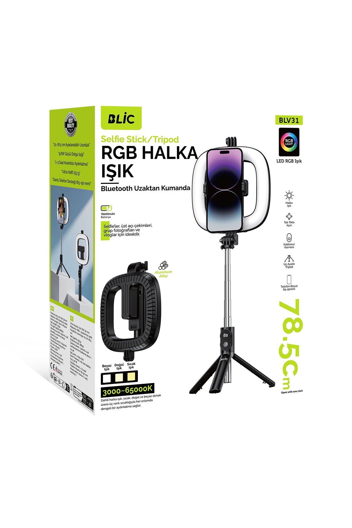 Blic BLV31 RGB Ring Light Bluetooth Kumandalı Selfie Çubuğu & Tripod – 9.6W Şarjlı LED Halka Işık, 3 Işık Tonu, 78.5 cm