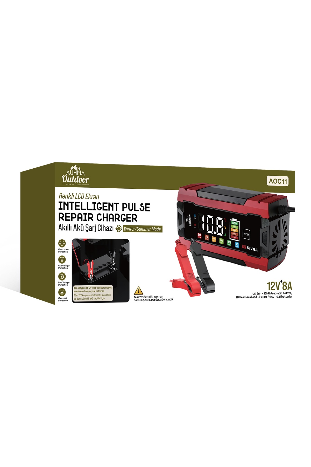 Auhma AOC11 12V 8A Akıllı Akü Şarj ve Onarım Cihazı – Renkli LCD Ekran, Pulse Repair, LiFePO4 / AGM / GEL Uyumlu