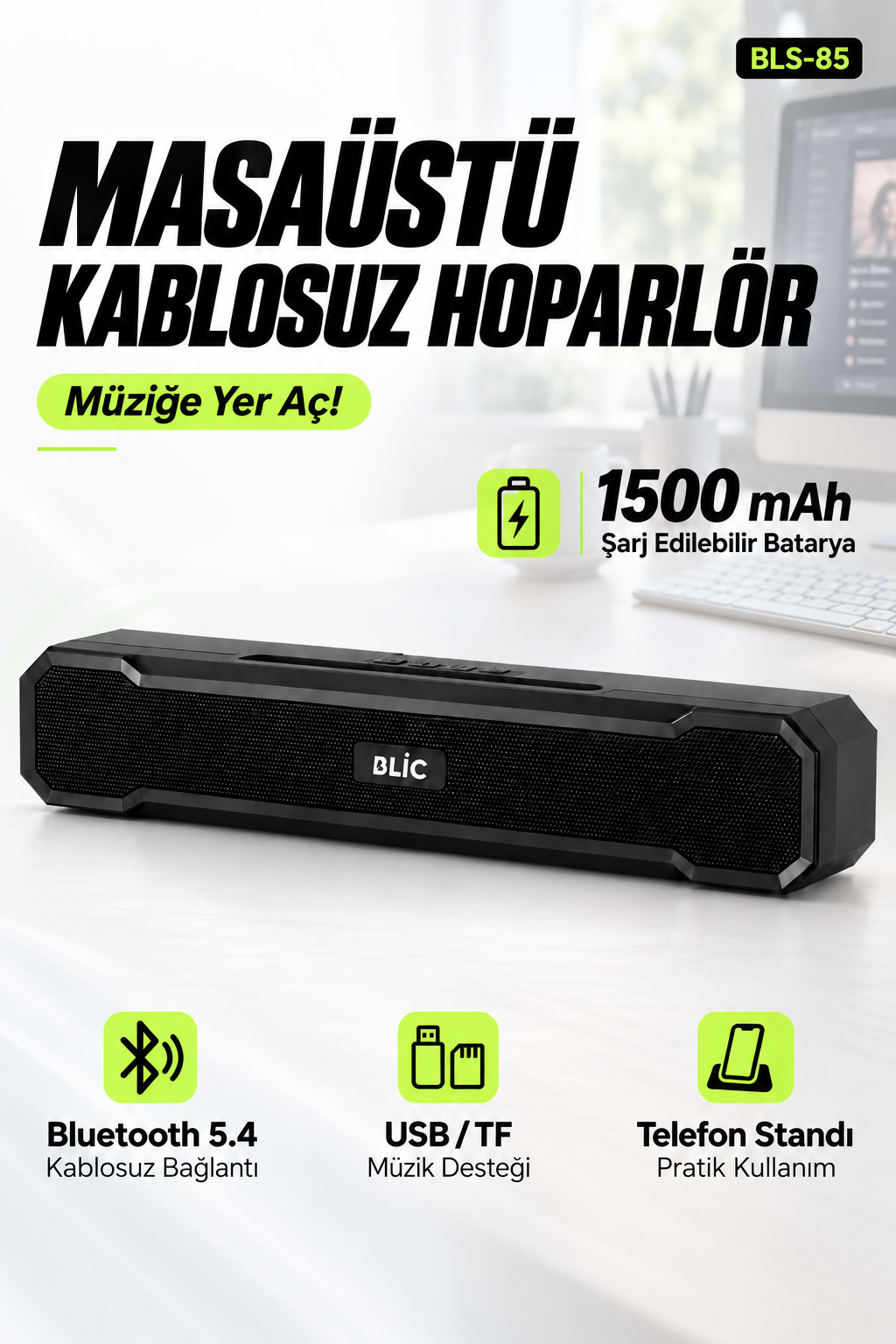 Blic BLS-85 Bluetooth 5.4 Masaüstü Soundbar Hoparlör Siyah, Telefon Standlı, 1500 mAh Şarjlı, USB ve TF Kart Destekli