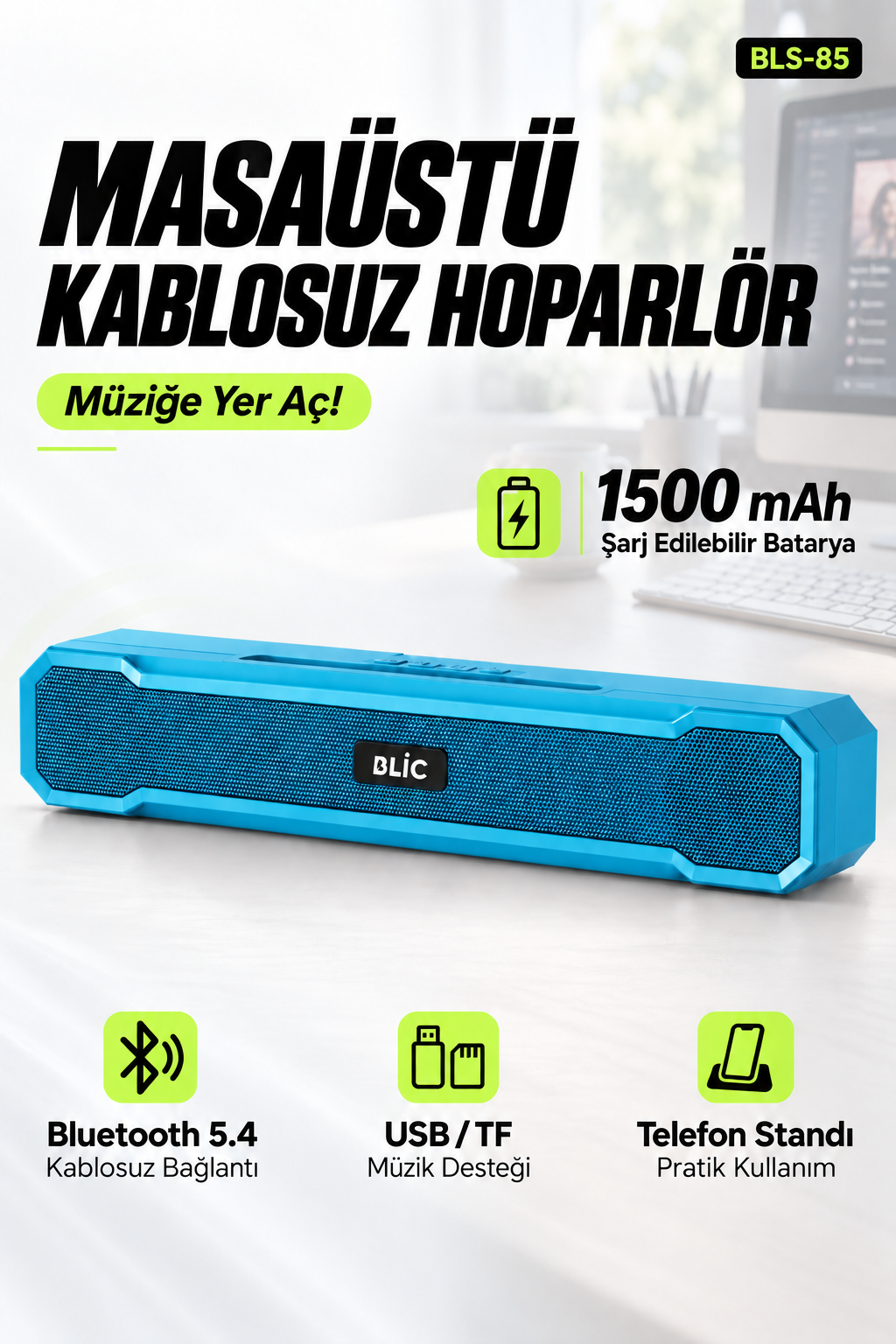 Blic BLS-85 Bluetooth 5.4 Masaüstü Soundbar Hoparlör Mavi, Telefon Standlı, 1500 mAh Şarjlı, USB ve TF Kart Destekli