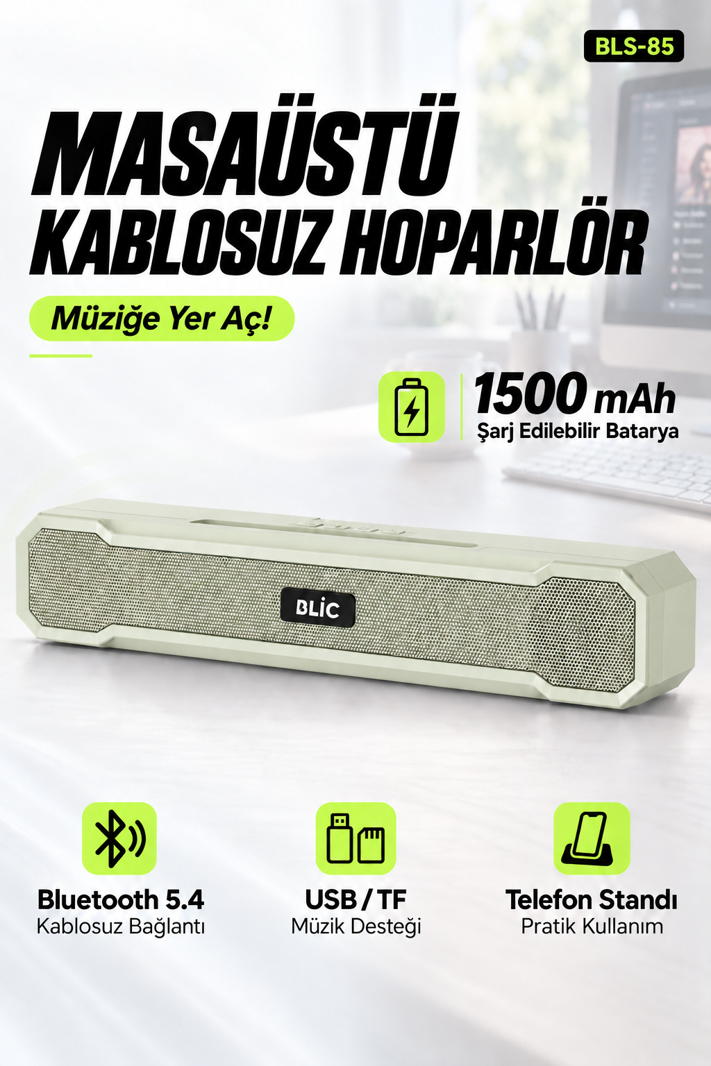 Blic BLS-85 Bluetooth 5.4 Masaüstü Soundbar Hoparlör Beyaz, Telefon Standlı, 1500 mAh Şarjlı, USB ve TF Kart Destekli
