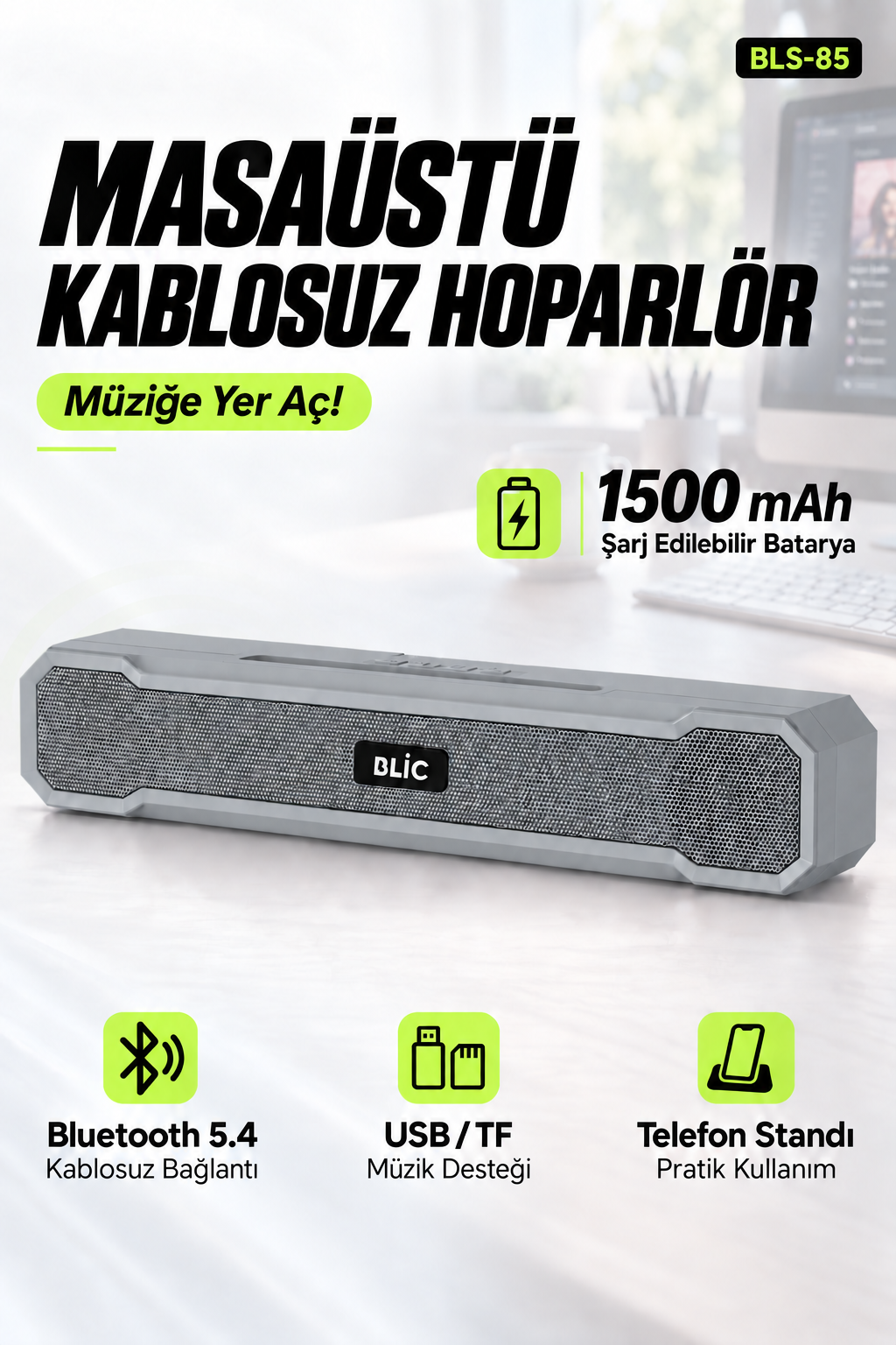 Blic BLS-85 Bluetooth 5.4 Masaüstü Soundbar Hoparlör Gri, Telefon Standlı, 1500 mAh Şarjlı, USB ve TF Kart Destekli