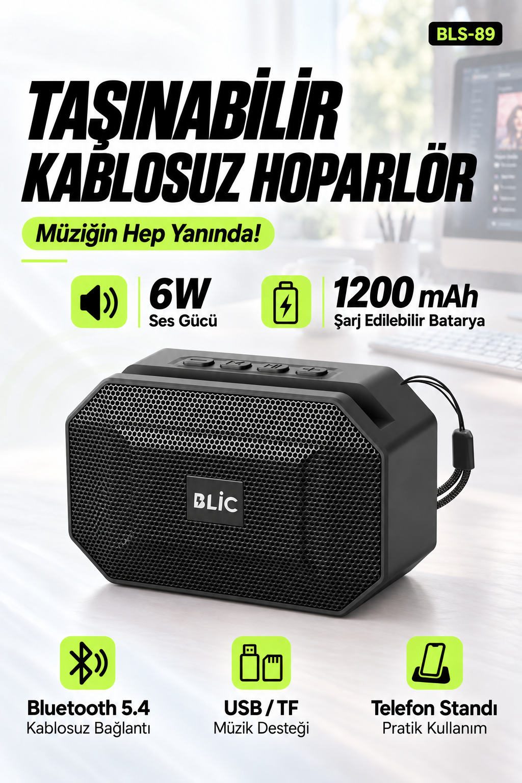 Blic BLS-89 Bluetooth 5.4 Taşınabilir Hoparlör Siyah 6W RMS, Telefon Standlı, USB ve TF Kart Destekli
