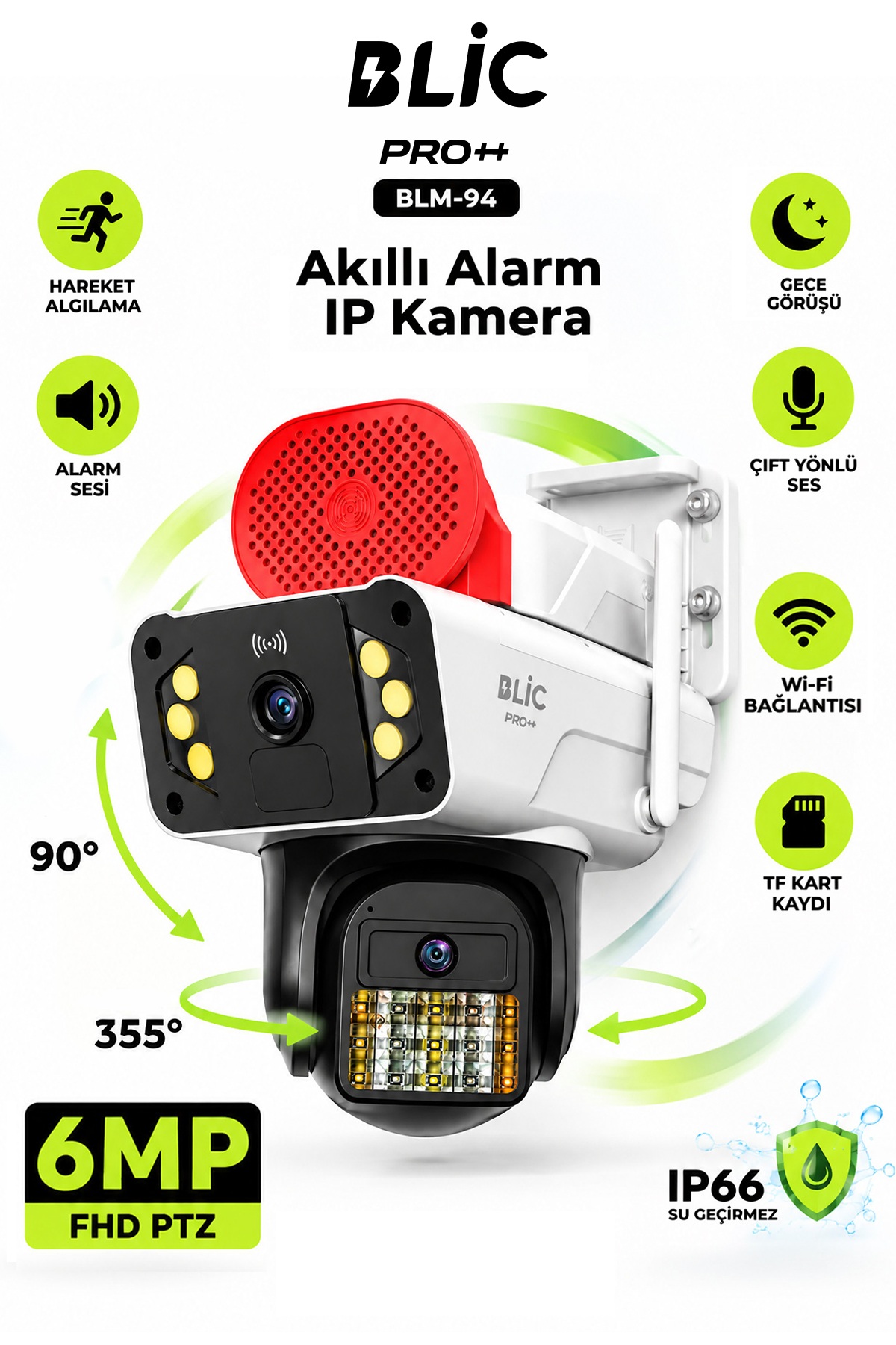 Blic PRO++ BLM-94 6 MP Çift Lensli Wi-Fi PTZ Dış Mekân IP Güvenlik Kamerası Beyaz, IP66, Sirenli ve Gece Görüşlü