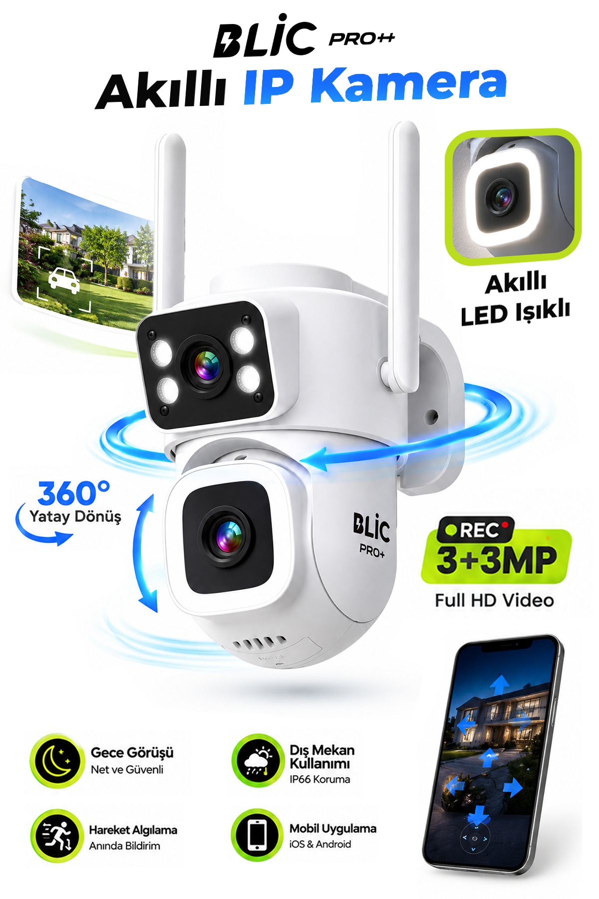 Blic BLM-112 Çift Lensli 6 MP (3+3 MP) Wi-Fi PTZ IP Güvenlik Kamerası, IP66 Dış Mekan, Gece Görüşü ve Çift Yönlü Ses