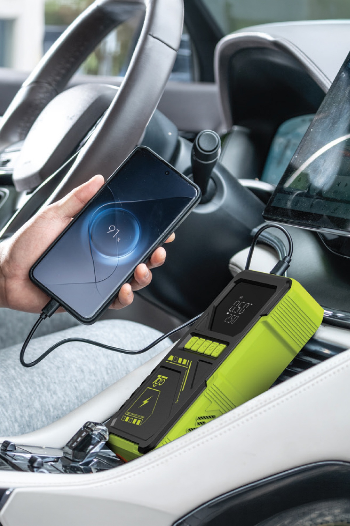 7GO 7A8 1200A Akü Takviye Cihazı ve Lastik Şişirme Pompası, 12000 mAh Powerbank, LCD Ekranlı Jump Starter