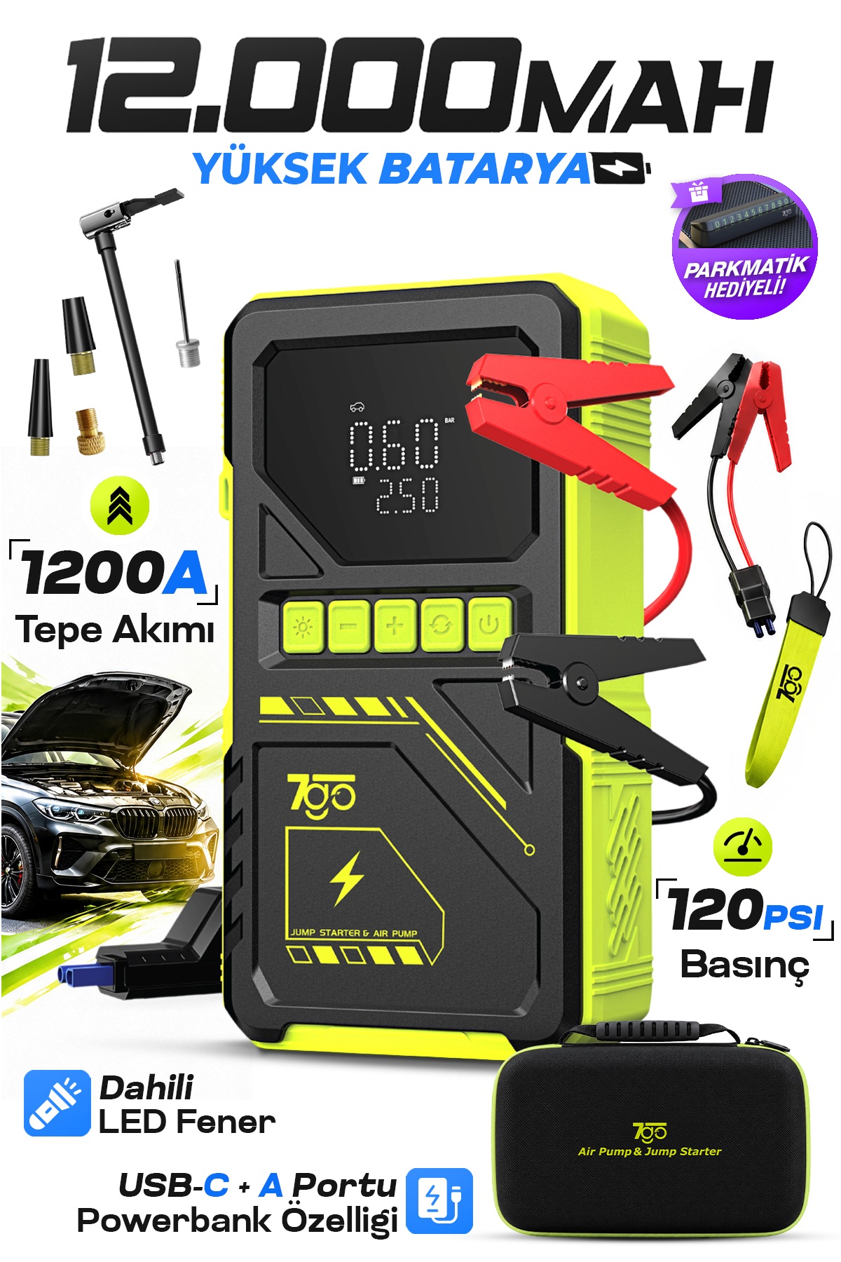 7GO 7A8 1200A Akü Takviye Cihazı ve Lastik Şişirme Pompası, 12000 mAh Powerbank, LCD Ekranlı Jump Starter