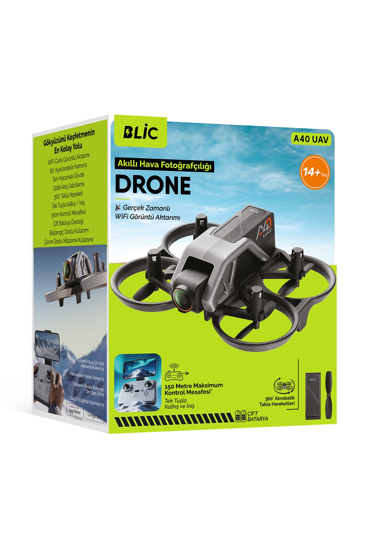 Blic A40 UAV WiFi Kameralı Drone, 150 Metre Kontrol Mesafesi, 360° Takla, Optik Akış Sabitleme, Çift Bataryalı