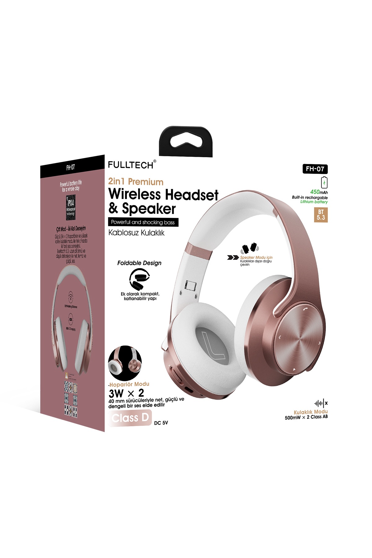 Fulltech FH-07 2'si 1 Arada Bluetooth 5.3 Kablosuz Kulaklık ve Hoparlör Pembe – 3W Çift Hoparlör, IPX4, Katlanabilir Tasarım