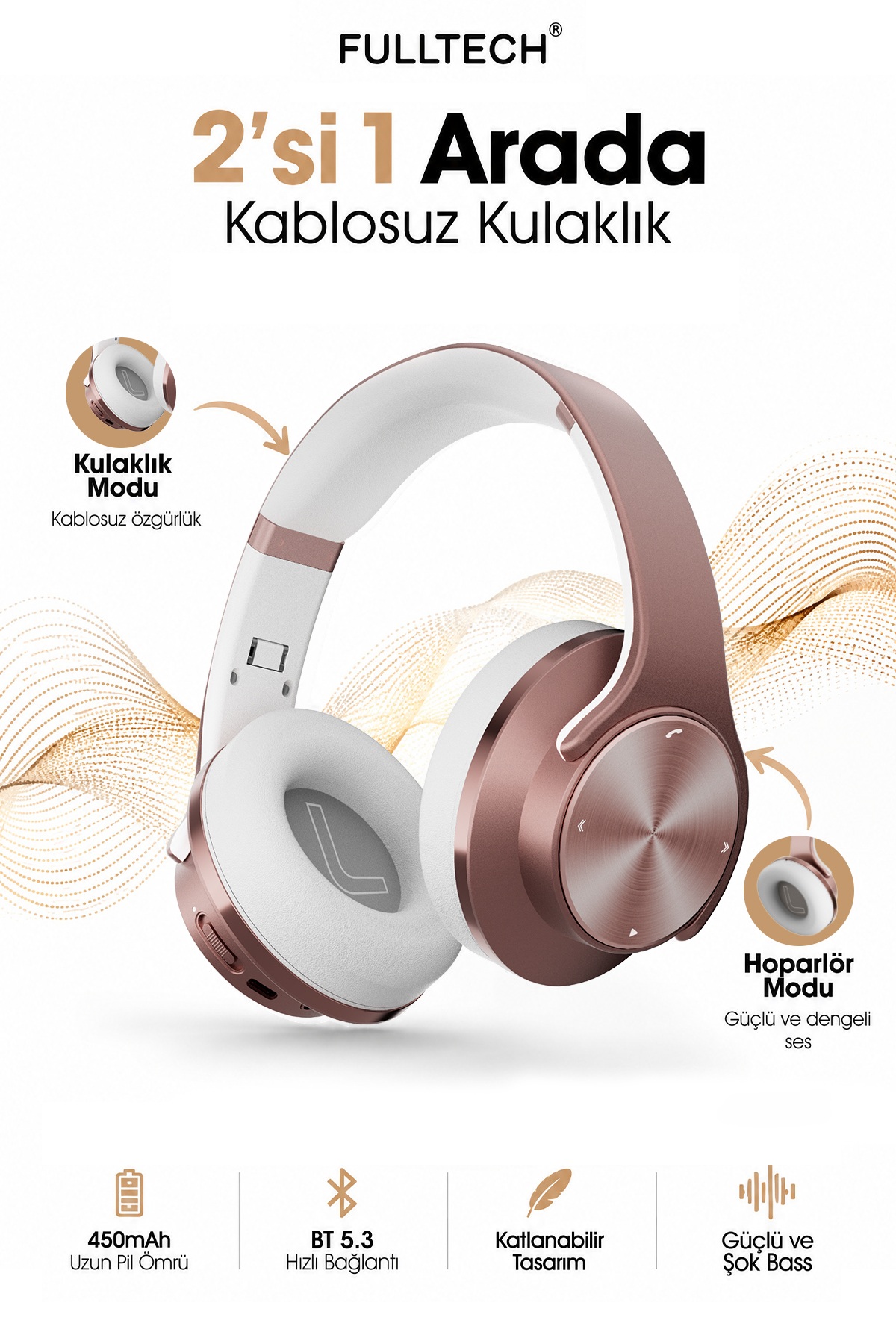 Fulltech FH-07 2'si 1 Arada Bluetooth 5.3 Kablosuz Kulaklık ve Hoparlör Pembe – 3W Çift Hoparlör, IPX4, Katlanabilir Tasarım