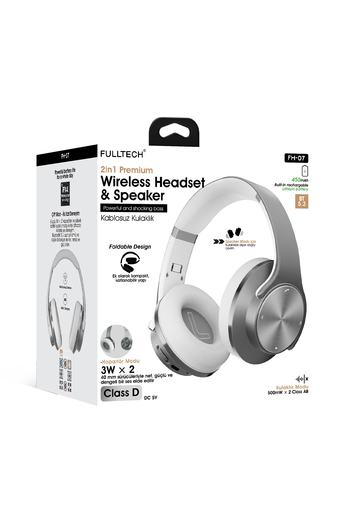 Fulltech FH-07 2'si 1 Arada Bluetooth 5.3 Kablosuz Kulaklık ve Hoparlör Beyaz – 3W Çift Hoparlör, IPX4, Katlanabilir Tasarım