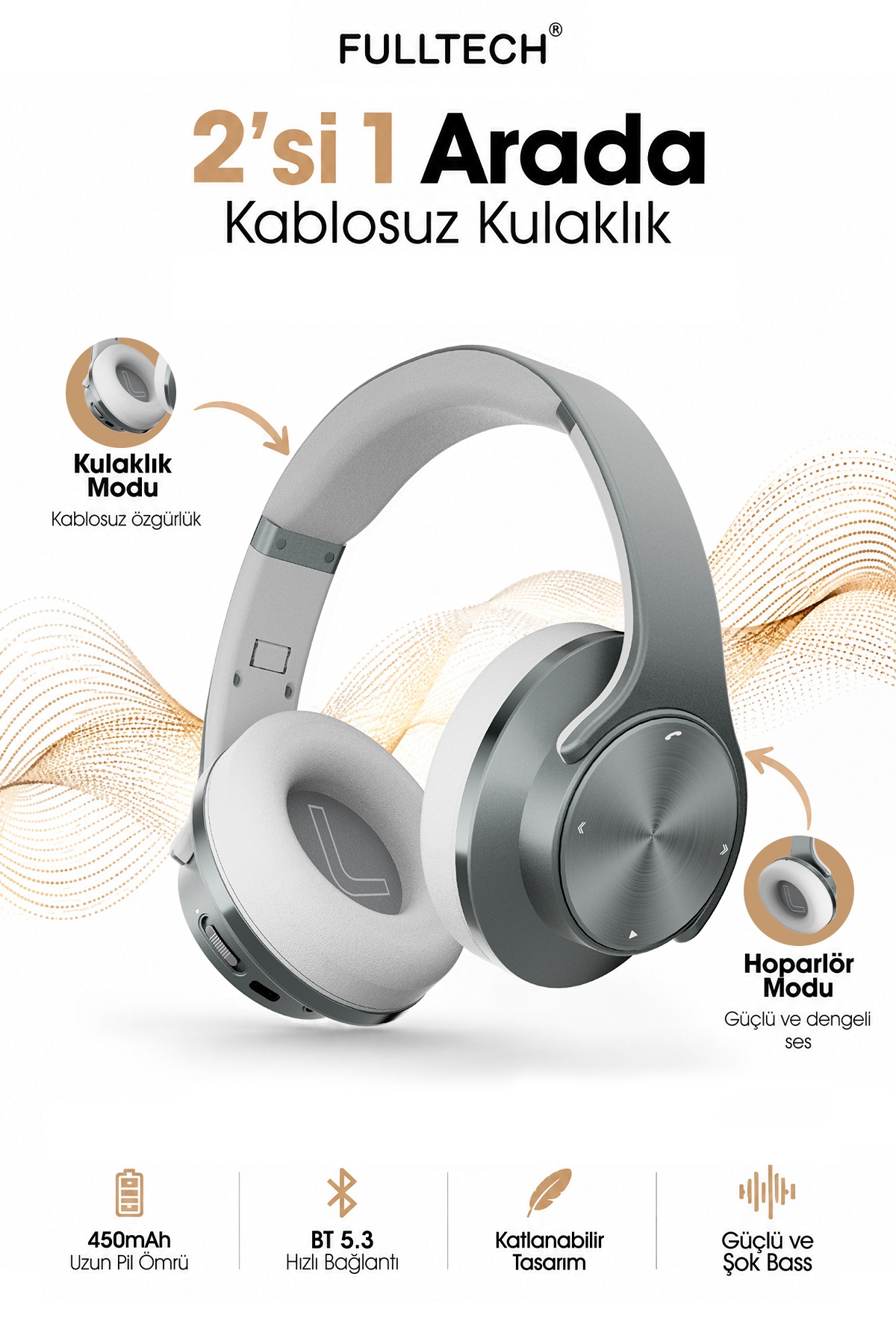 Fulltech FH-07 2'si 1 Arada Bluetooth 5.3 Kablosuz Kulaklık ve Hoparlör Beyaz – 3W Çift Hoparlör, IPX4, Katlanabilir Tasarım