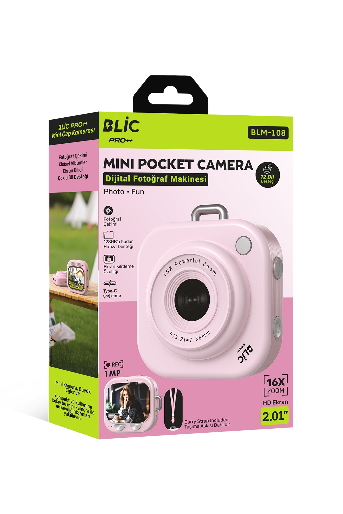 Blic PRO++ BLM-108 Mini Dijital Fotoğraf Makinesi Pembe 1 MP, 2,01 İnç Ekran, 16X Zoom, Type-C Şarjlı Cep Kamerası