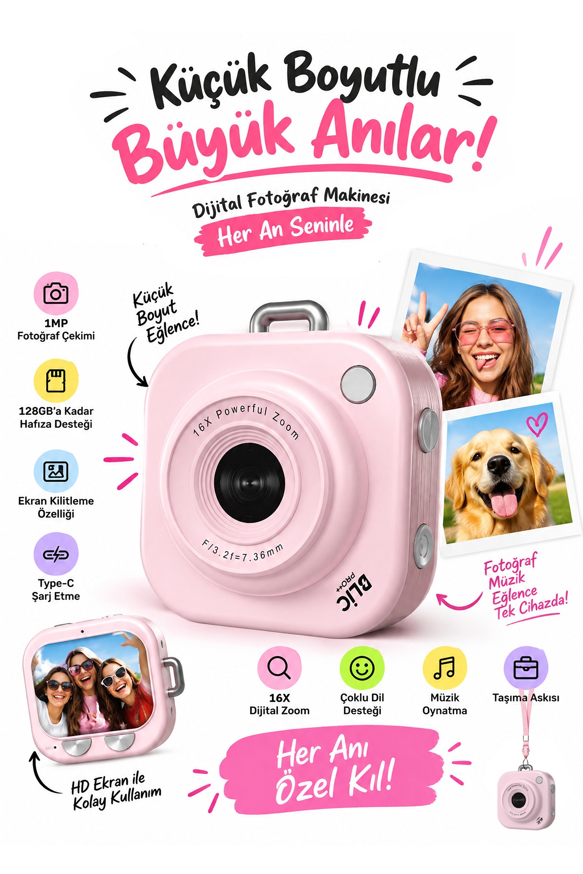Blic PRO++ BLM-108 Mini Dijital Fotoğraf Makinesi Pembe 1 MP, 2,01 İnç Ekran, 16X Zoom, Type-C Şarjlı Cep Kamerası