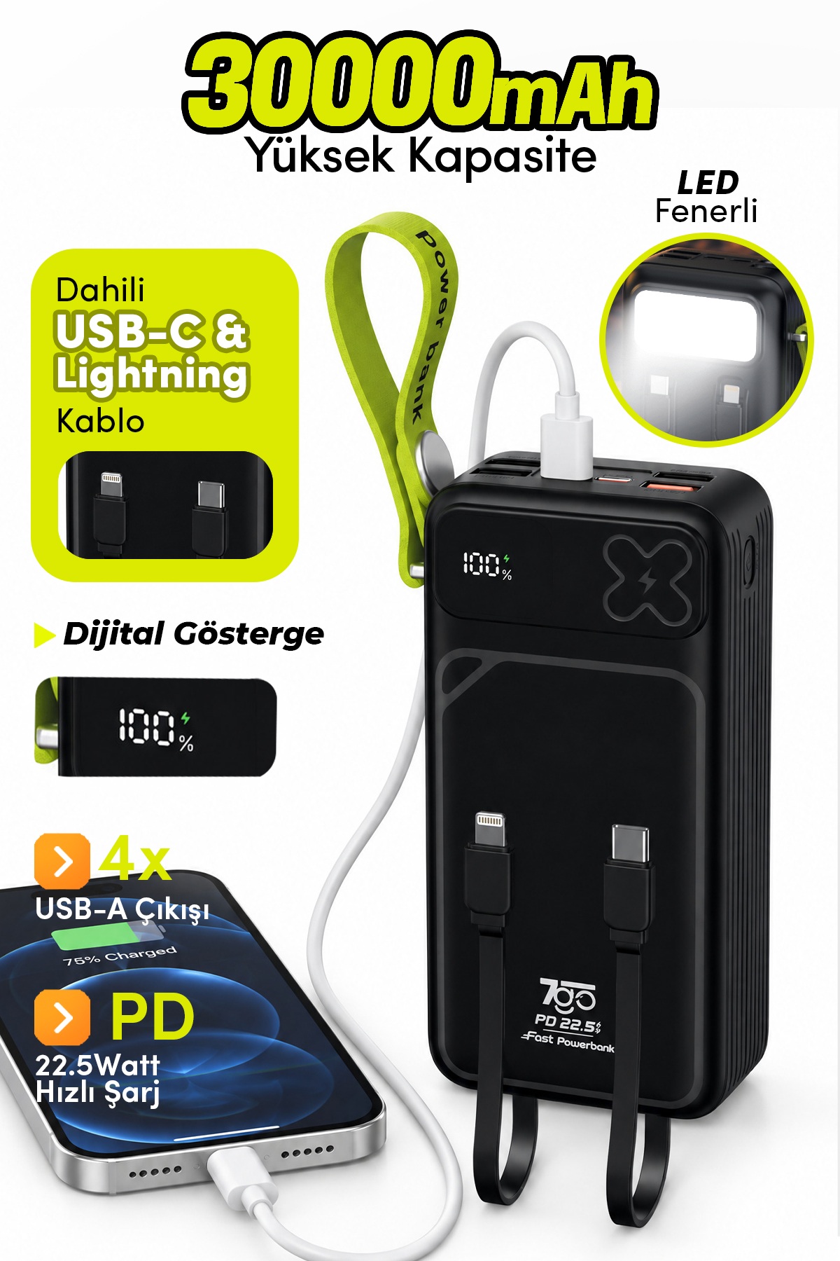 7GO GPW-12 30000 mAh 22.5W Hızlı Şarj Powerbank – Dahili Type-C ve Lightning Kablolu, Dijital Ekranlı, LED Aydınlatmalı