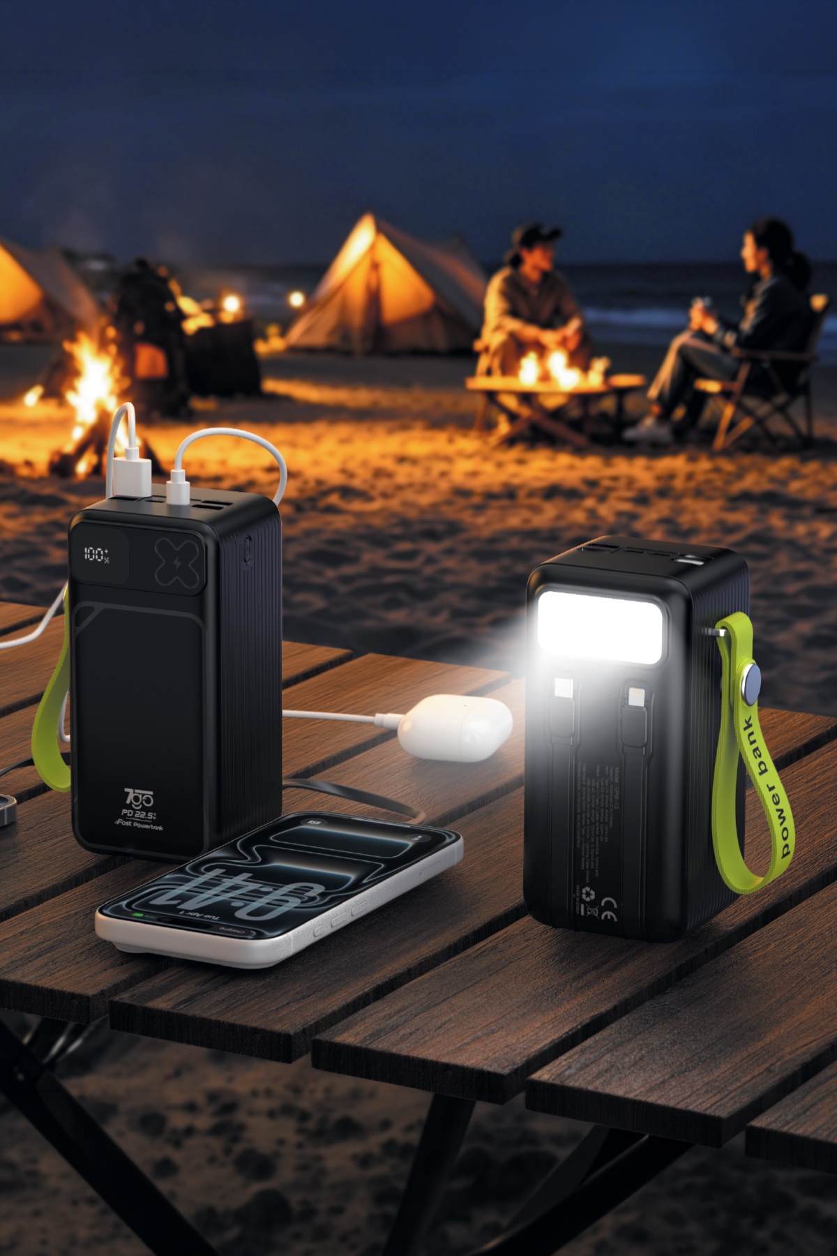 7GO GPW-13 50000 mAh 22,5W Hızlı Şarj Powerbank, Dahili Type-C ve Lightning Kablolu, Dijital Ekranlı, LED Aydınlatmalı