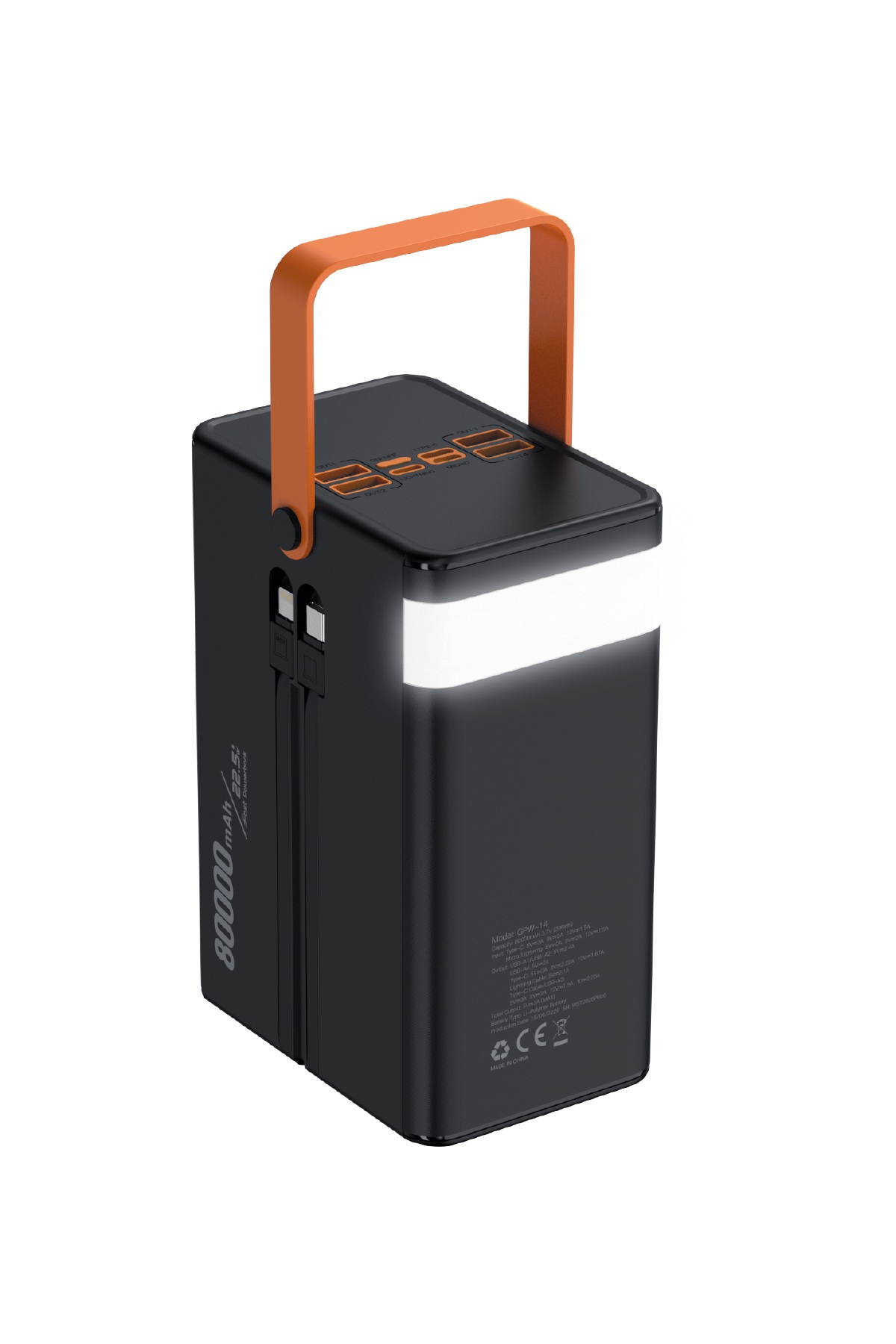 7GO GPW-14 80000 mAh 22.5W Hızlı Şarj Powerbank – Dahili Type-C ve Lightning Kablolu, LED Fenerli, Dijital Ekranlı