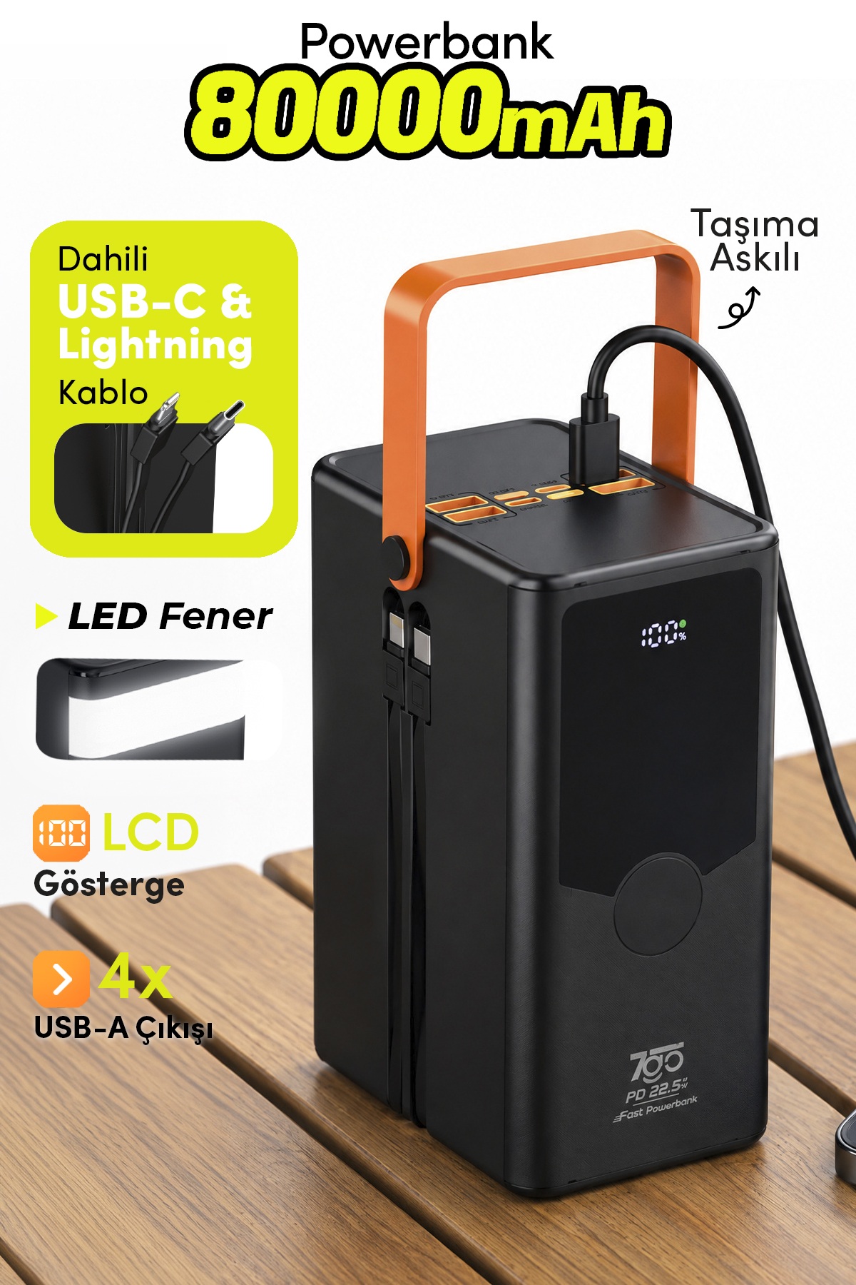 7GO GPW-14 80000 mAh 22.5W Hızlı Şarj Powerbank – Dahili Type-C ve Lightning Kablolu, LED Fenerli, Dijital Ekranlı